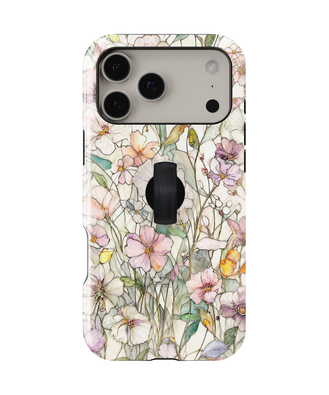 Pastel Wildflower Stained Glass MagSafe Loop iPhone Case with built-in finger loop closed