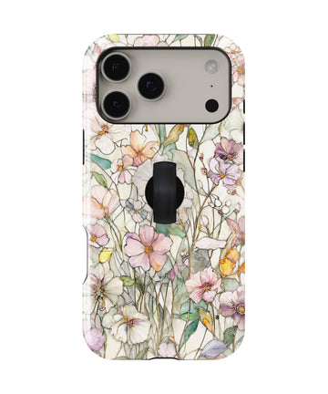 Pastel Wildflower Stained Glass MagSafe Loop iPhone Case with built-in finger loop closed
