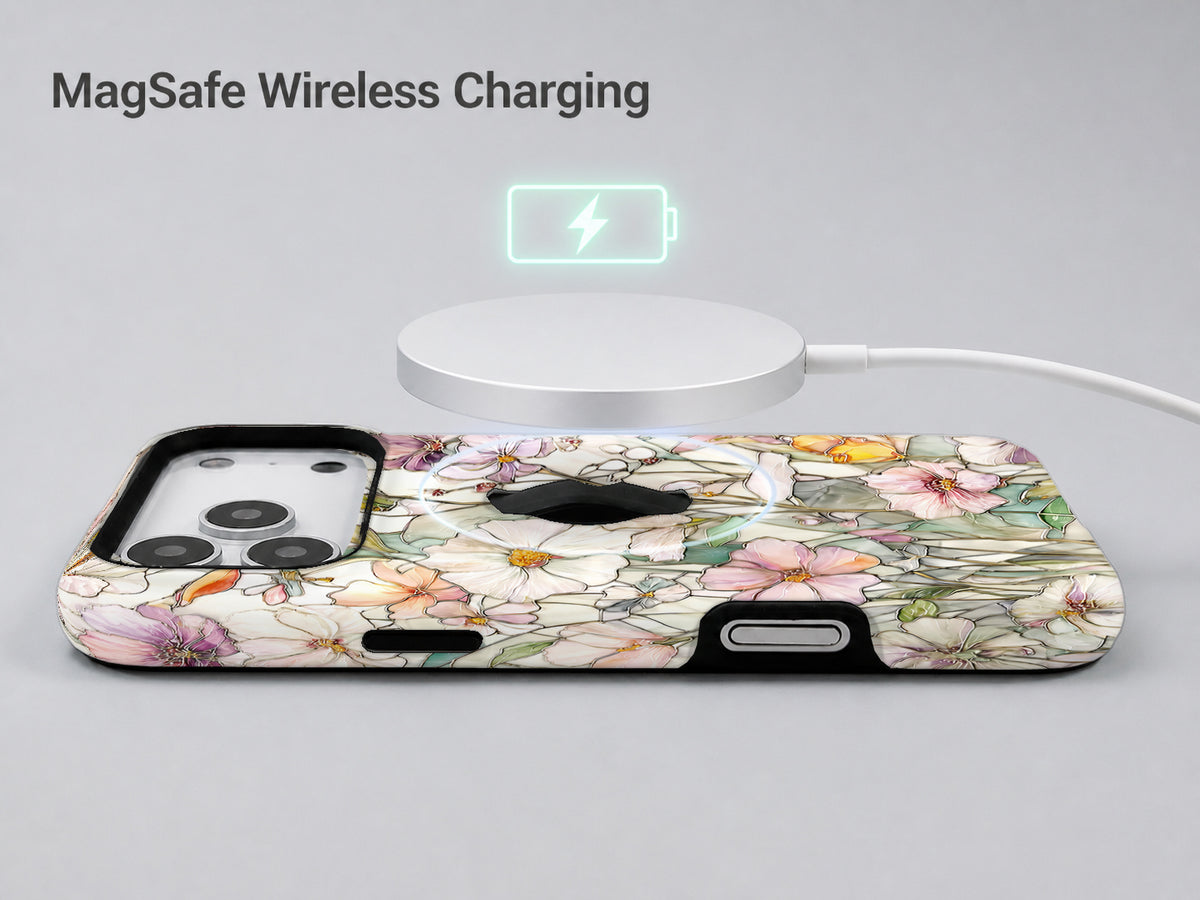 Pastel Wildflower Stained Glass MagSafe Loop iPhone Case shown with a MagSafe-compatible wireless charger attached