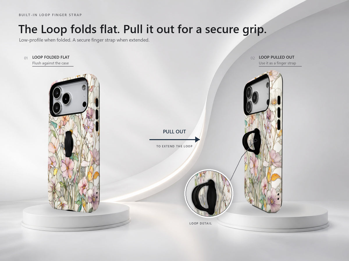 Pastel Wildflower Stained Glass MagSafe Loop iPhone Case side view showing the built-in finger loop