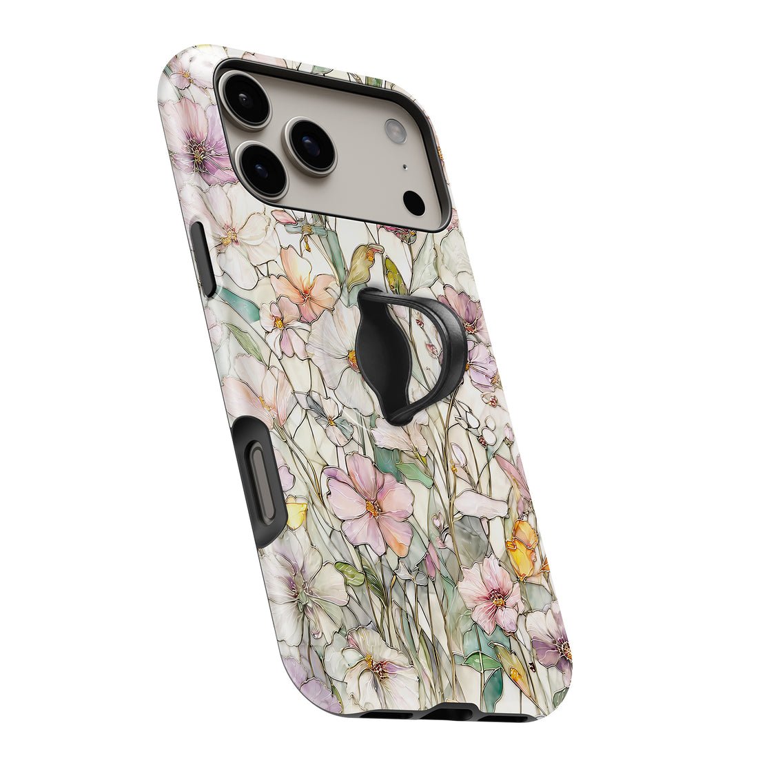 Pastel Wildflower Stained Glass MagSafe Loop iPhone case with built-in finger loop open