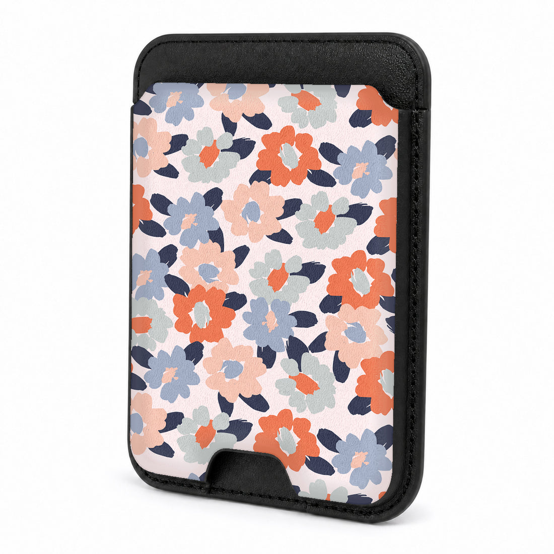 Front view of the Peach Blue Abstract Leopard MagSafe card holder on a white background