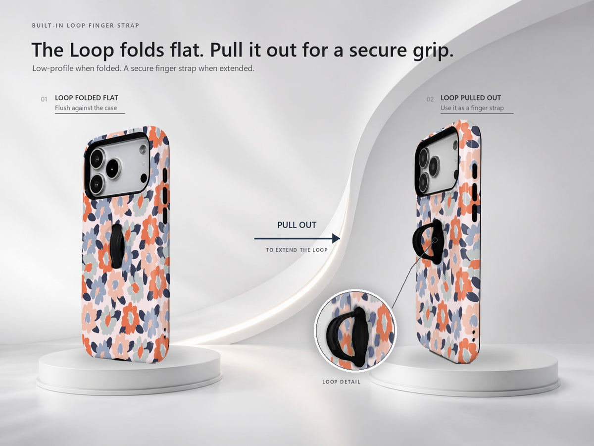 Peach Blue Abstract Leopard MagSafe Loop iPhone Case side view showing the built-in finger loop