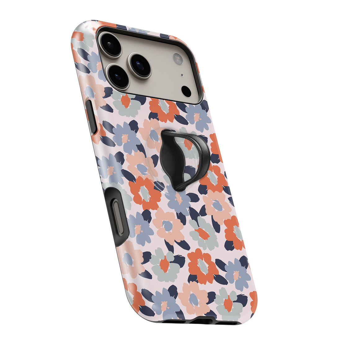 Peach Blue Abstract Leopard MagSafe Loop iPhone case with built-in finger loop open