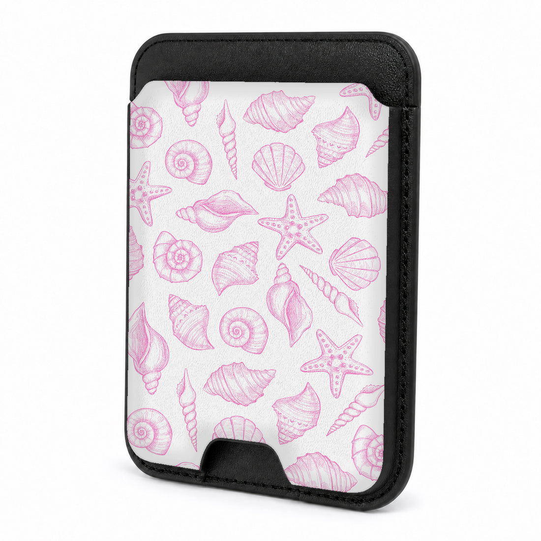 Front view of the Pink Coastal Seashell MagSafe card holder on a white background