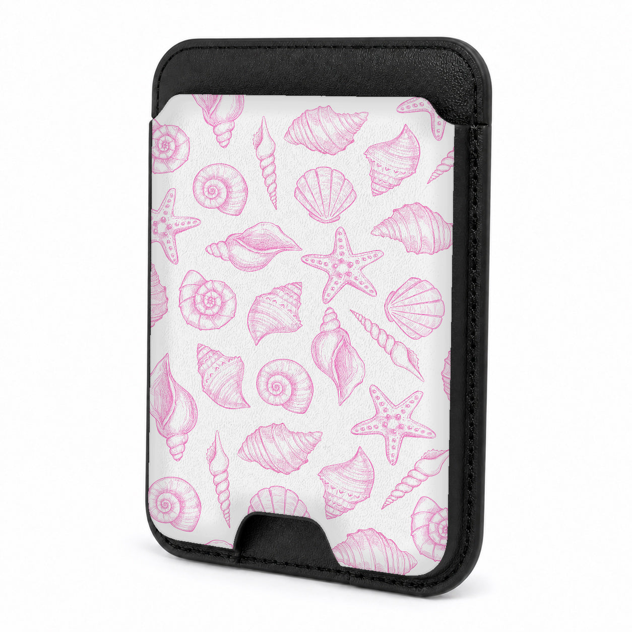 Front view of the Pink Coastal Seashell MagSafe card holder on a white background