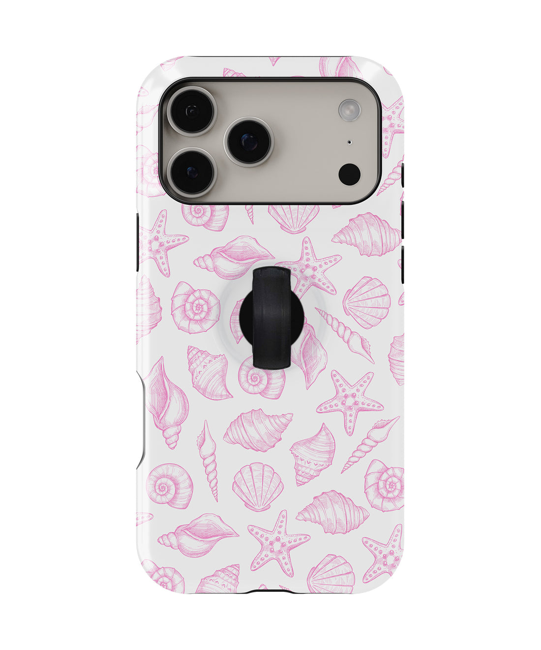 Pink Coastal Seashell MagSafe Loop iPhone Case with built-in finger loop closed