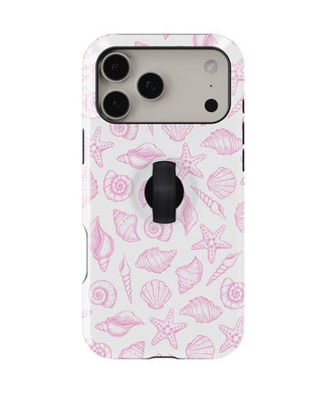 Pink Coastal Seashell MagSafe Loop iPhone Case with built-in finger loop closed