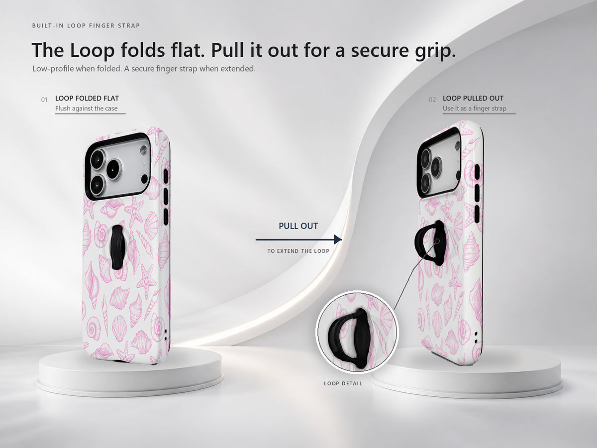 Pink Coastal Seashell MagSafe Loop iPhone Case side view showing the built-in finger loop