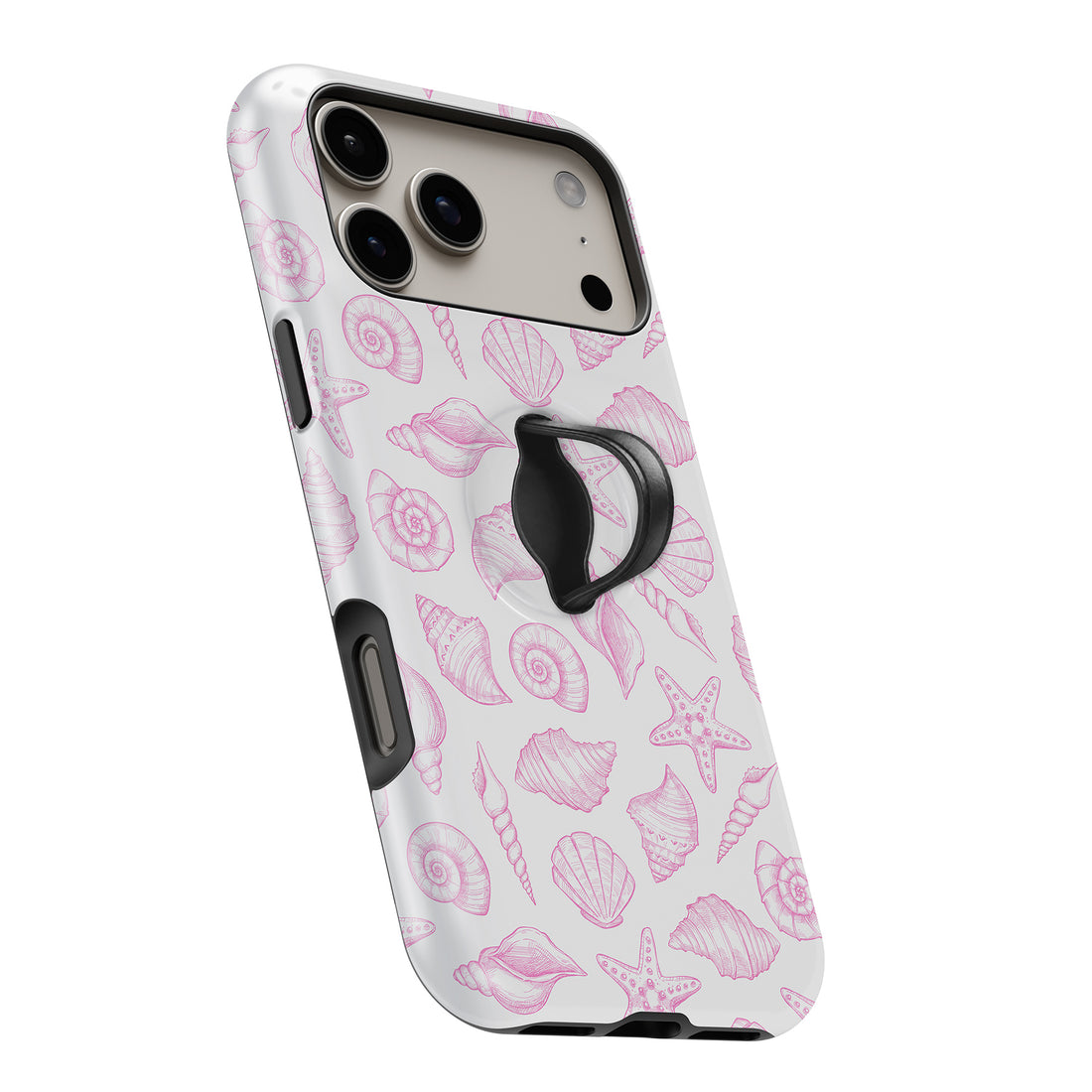 Pink Coastal Seashell MagSafe Loop iPhone case with built-in finger loop open