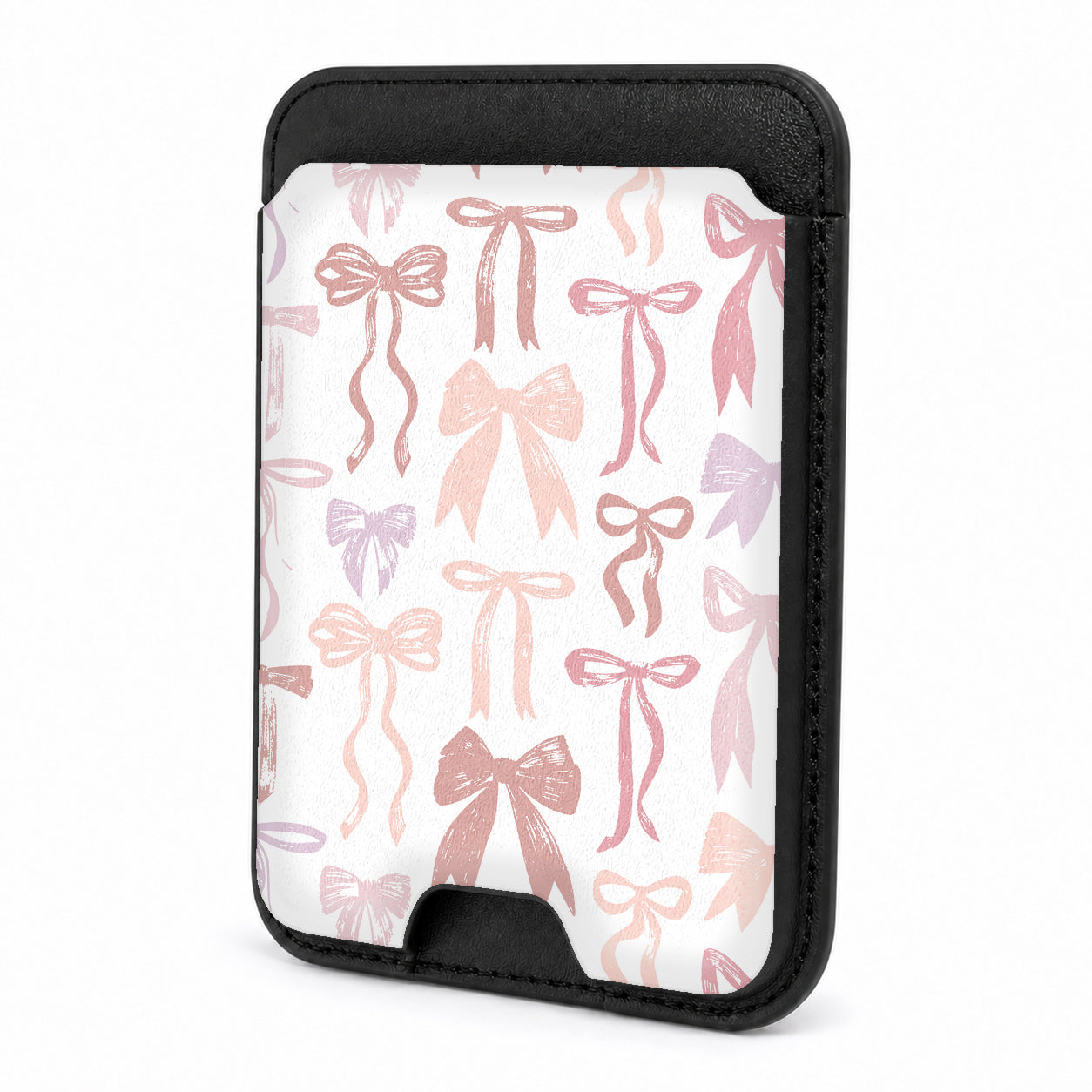 Front view of the Pink Coquette Bow Toile MagSafe card holder on a white background