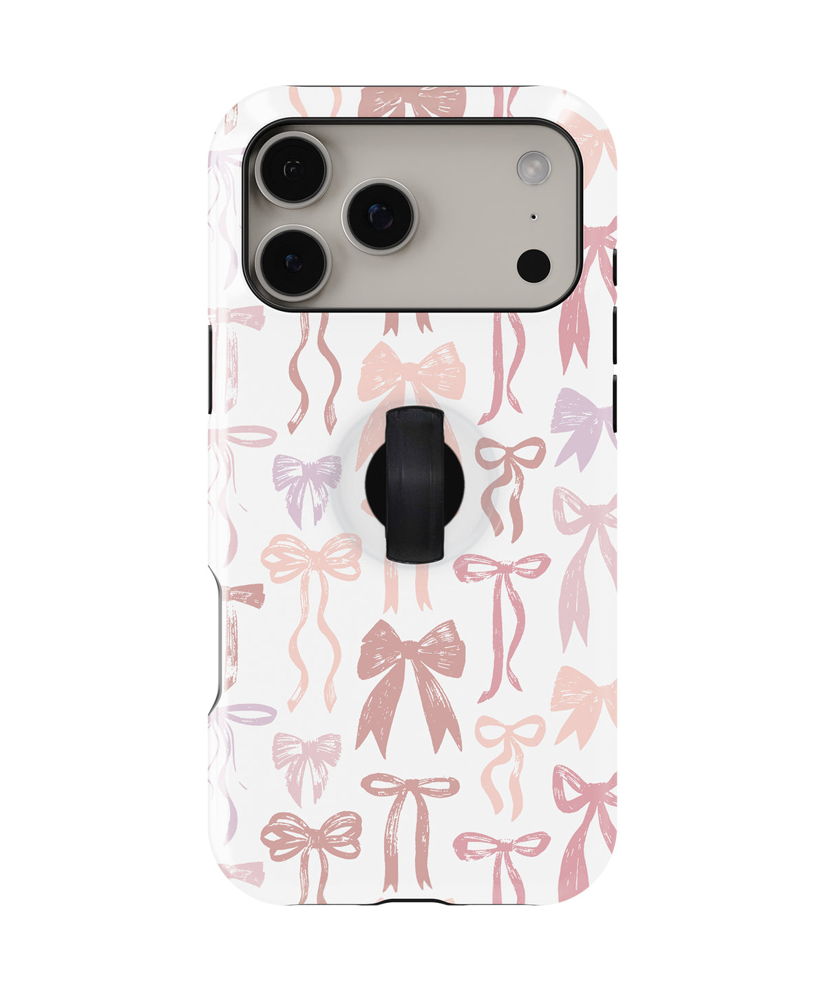 Pink Coquette Bow Toile MagSafe Loop iPhone Case with built-in finger loop closed