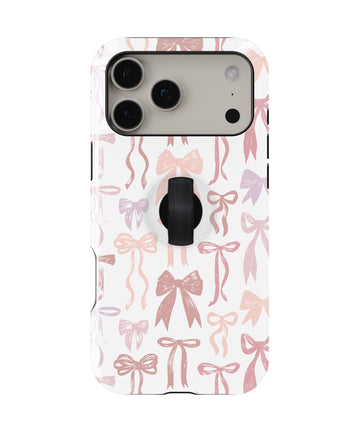 Pink Coquette Bow Toile MagSafe Loop iPhone Case with built-in finger loop closed