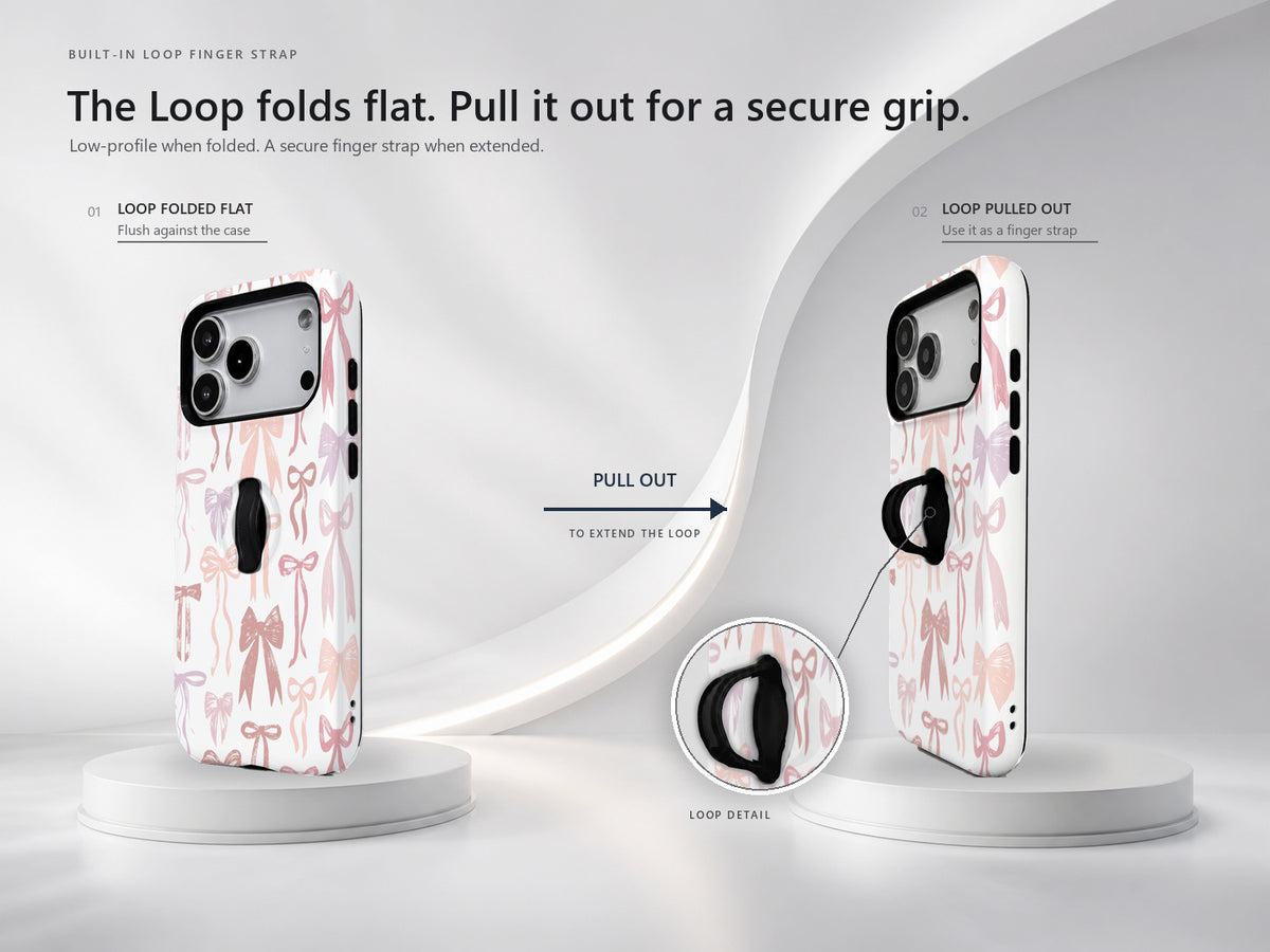 Pink Coquette Bow Toile MagSafe Loop iPhone Case side view showing the built-in finger loop