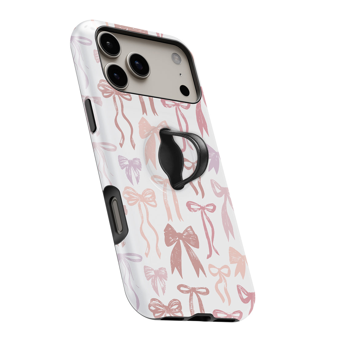 Pink Coquette Bow Toile MagSafe Loop iPhone case with built-in finger loop open