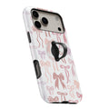 Pink Coquette Bow Toile MagSafe Loop iPhone case with built-in finger loop open