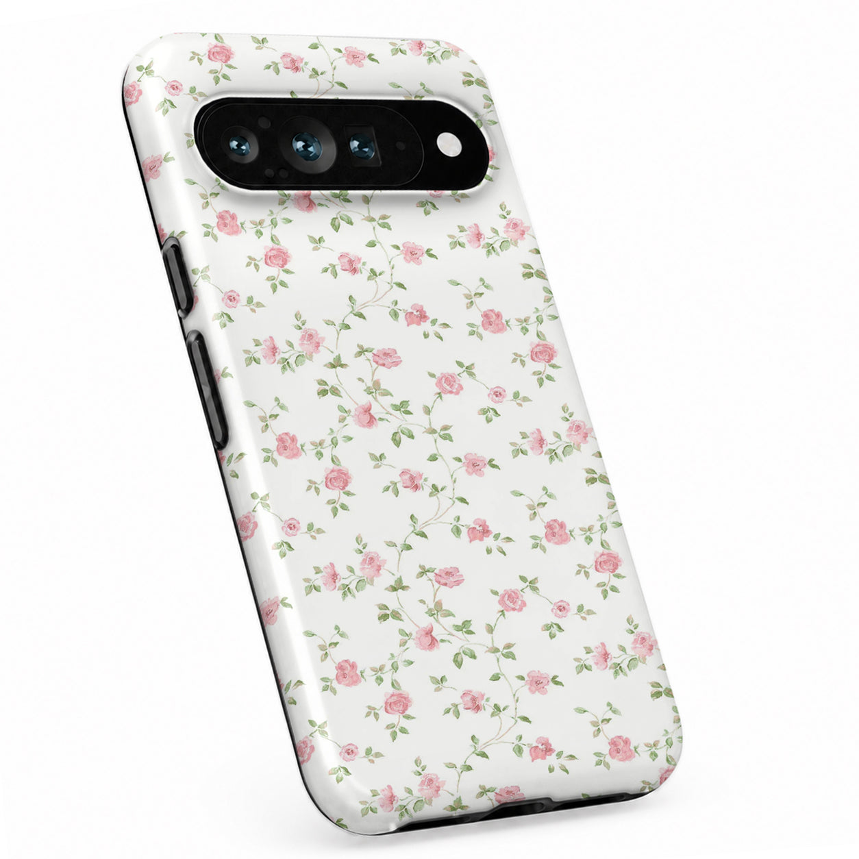 Pink Ditsy Floral Google Pixel case with botanical flowers and leaves