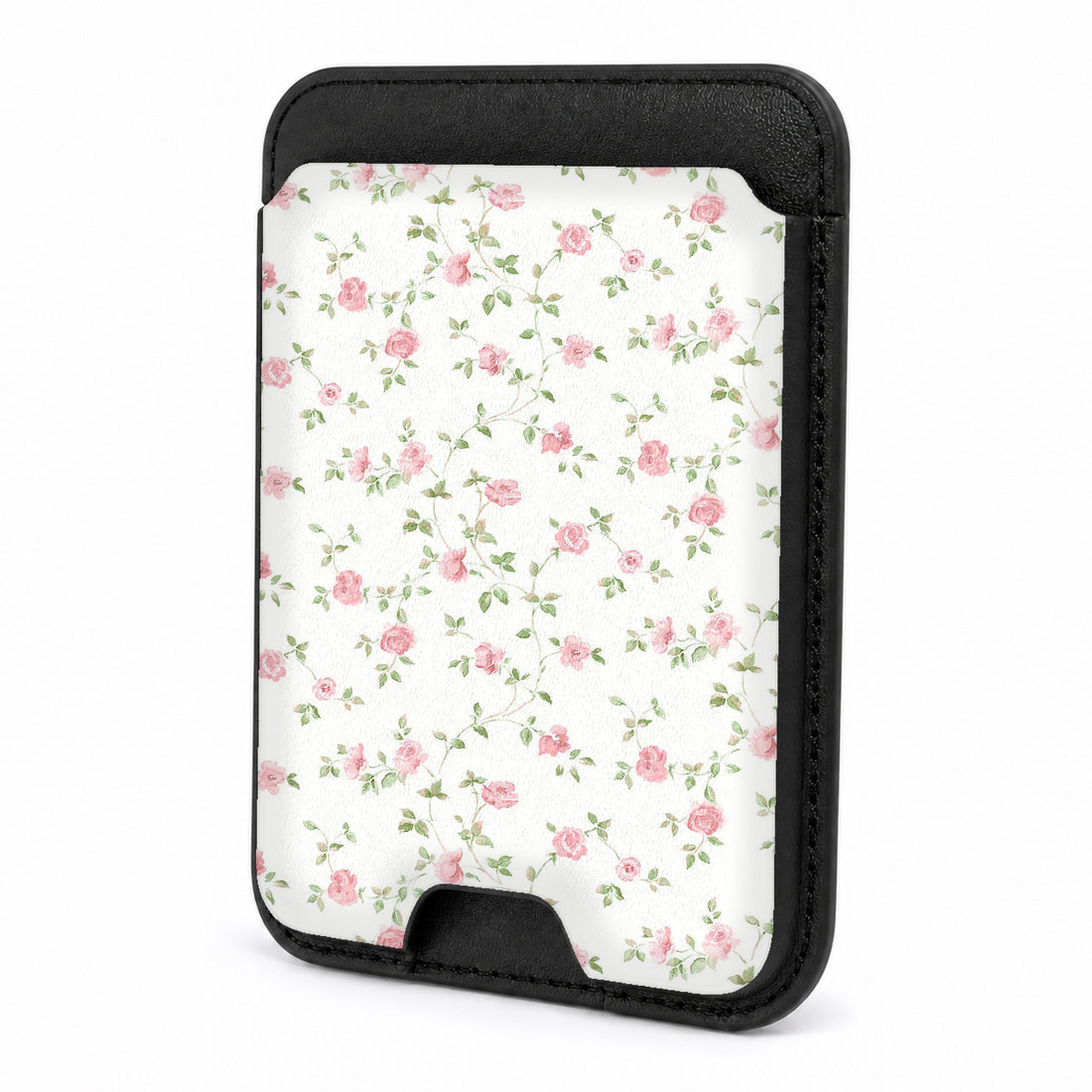 Front view of the Pink Ditsy Floral MagSafe card holder on a white background