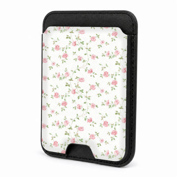 Front view of the Pink Ditsy Floral MagSafe card holder on a white background