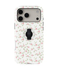 Pink Ditsy Floral MagSafe Loop iPhone Case with built-in finger loop closed
