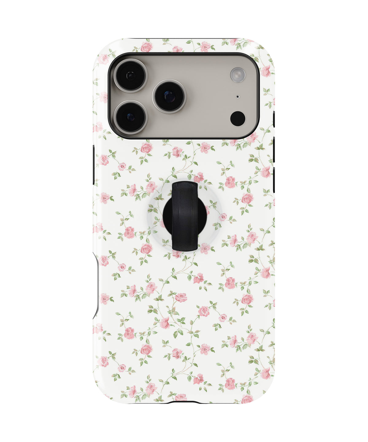Pink Ditsy Floral MagSafe Loop iPhone Case with built-in finger loop closed