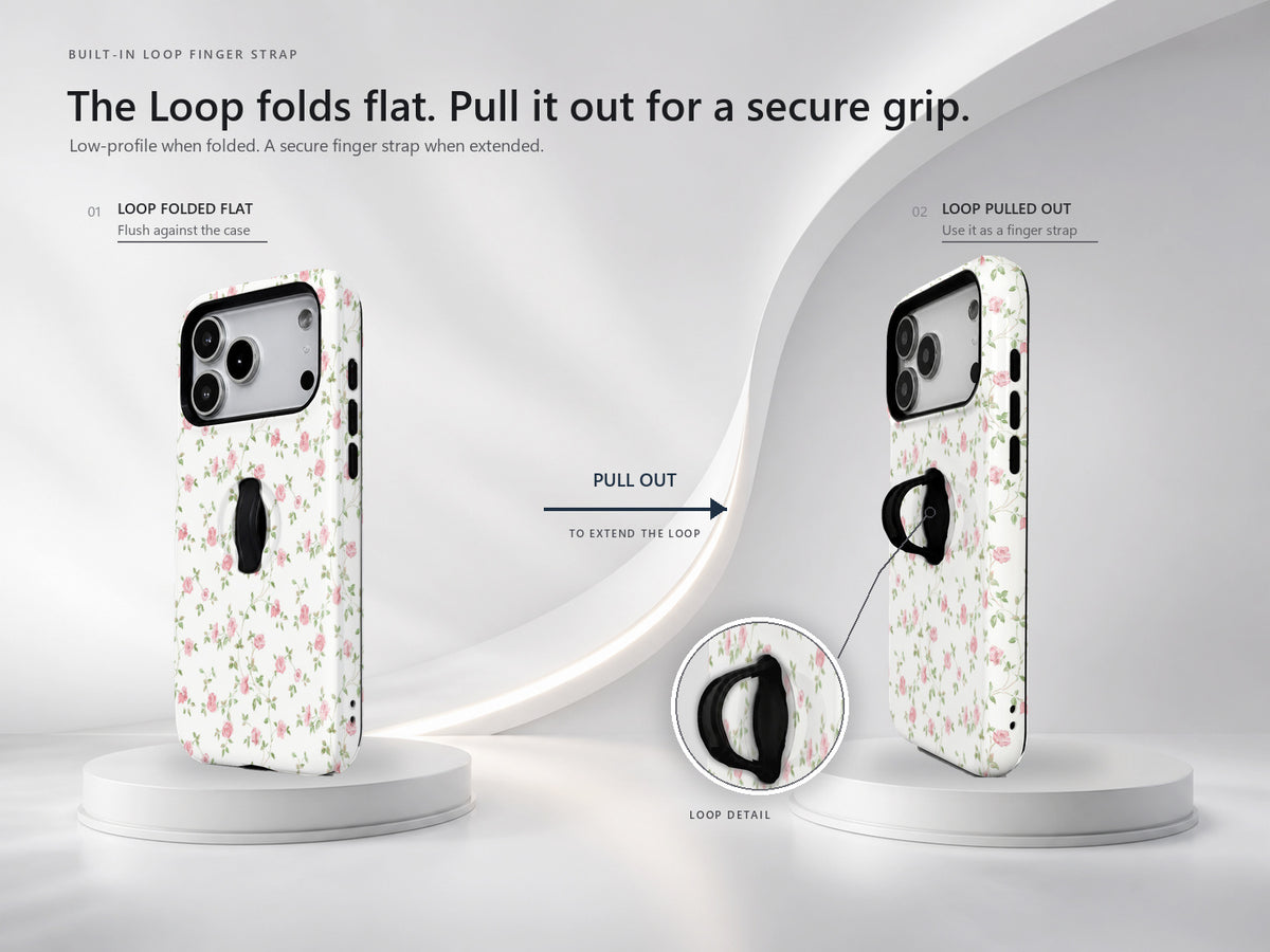 Pink Ditsy Floral MagSafe Loop iPhone Case side view showing the built-in finger loop