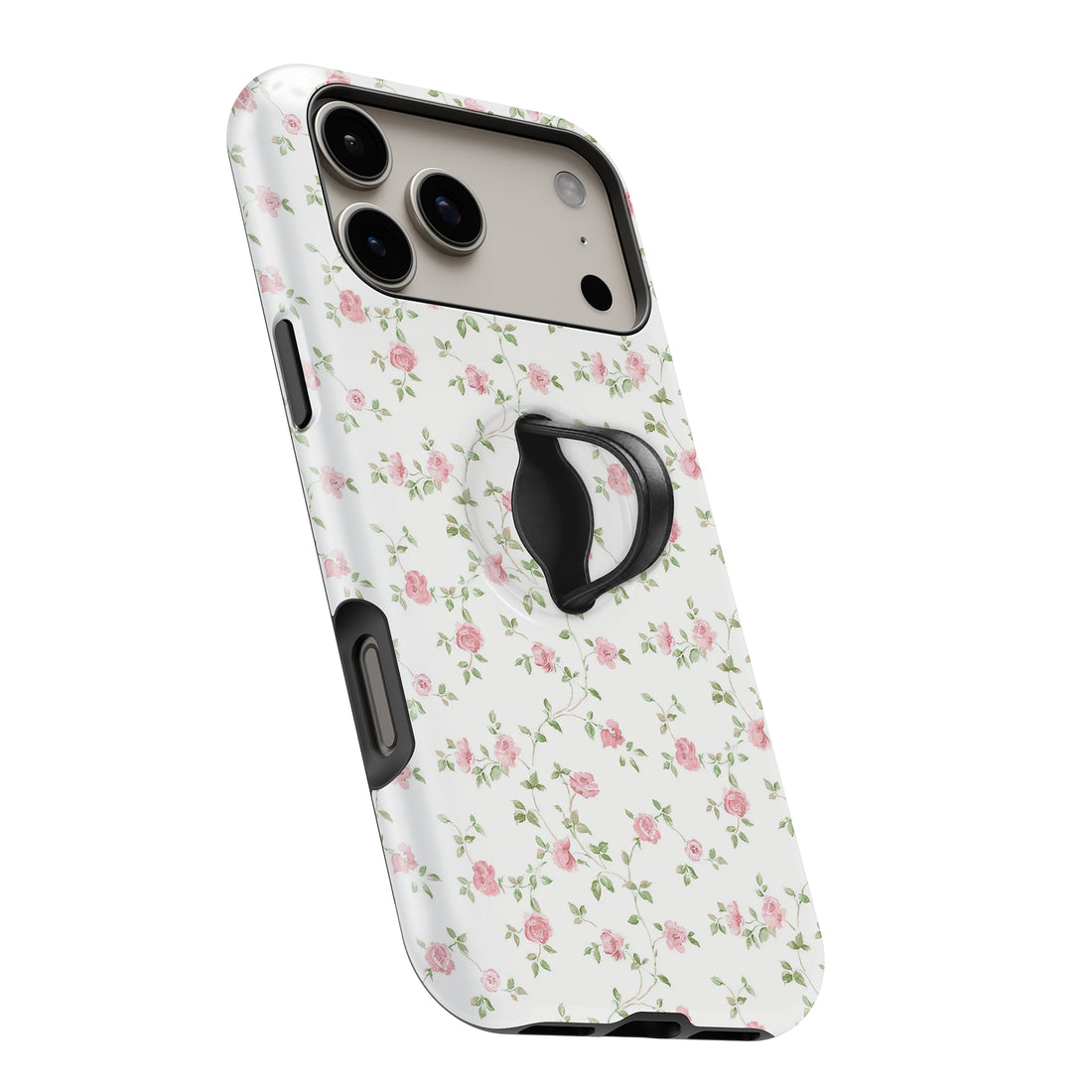 Pink Ditsy Floral MagSafe Loop iPhone case with built-in finger loop open