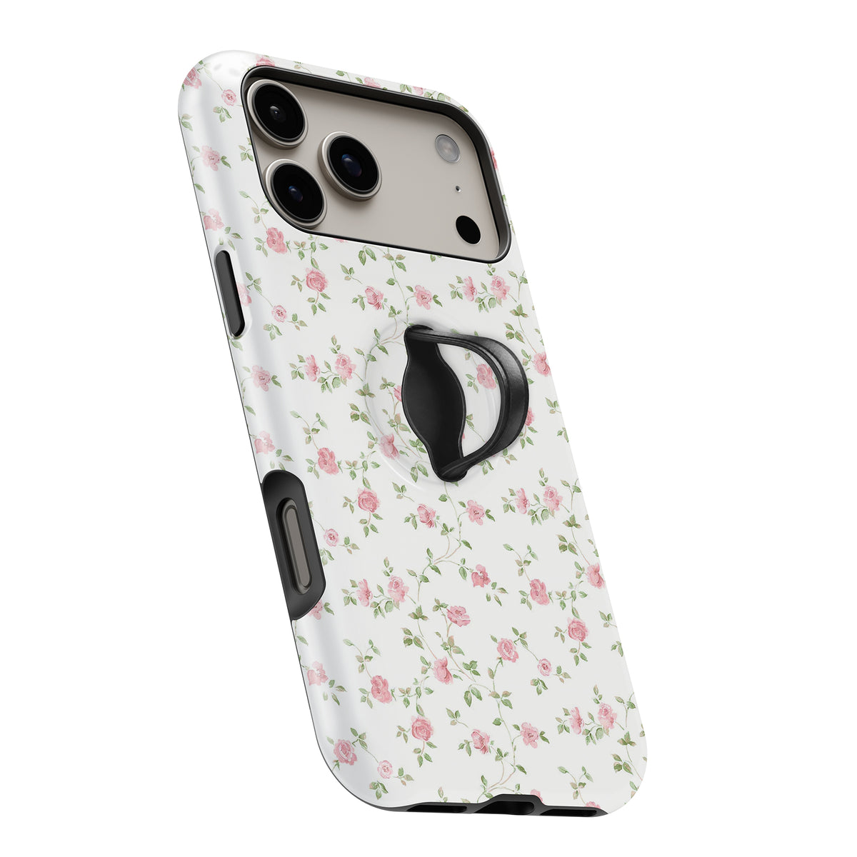 Pink Ditsy Floral MagSafe Loop iPhone case with built-in finger loop open