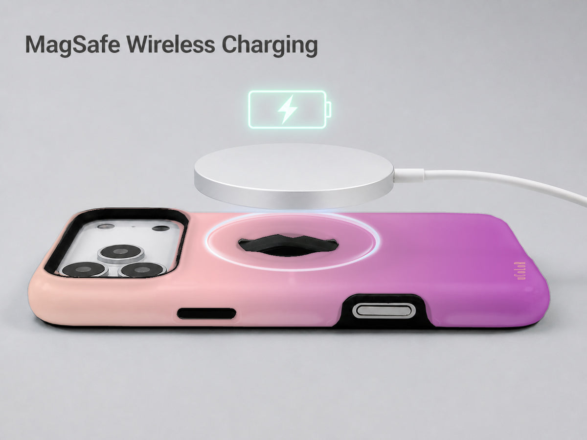 Pink Purple Ombre Gradient MagSafe Loop iPhone Case shown with a MagSafe-compatible wireless charger attached
