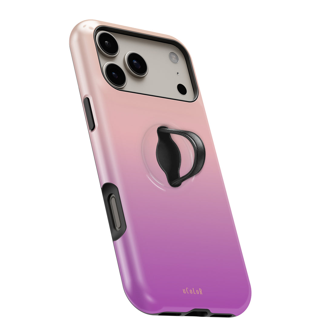 Pink Purple Ombre Gradient MagSafe Loop iPhone case with built-in finger loop open