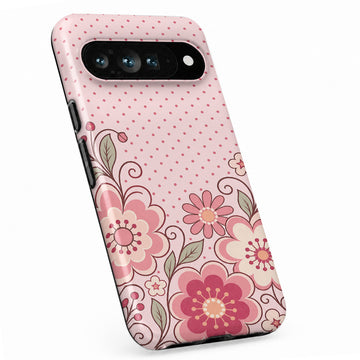 Pink Retro Doodle Floral Google Pixel case with botanical flowers and leaves