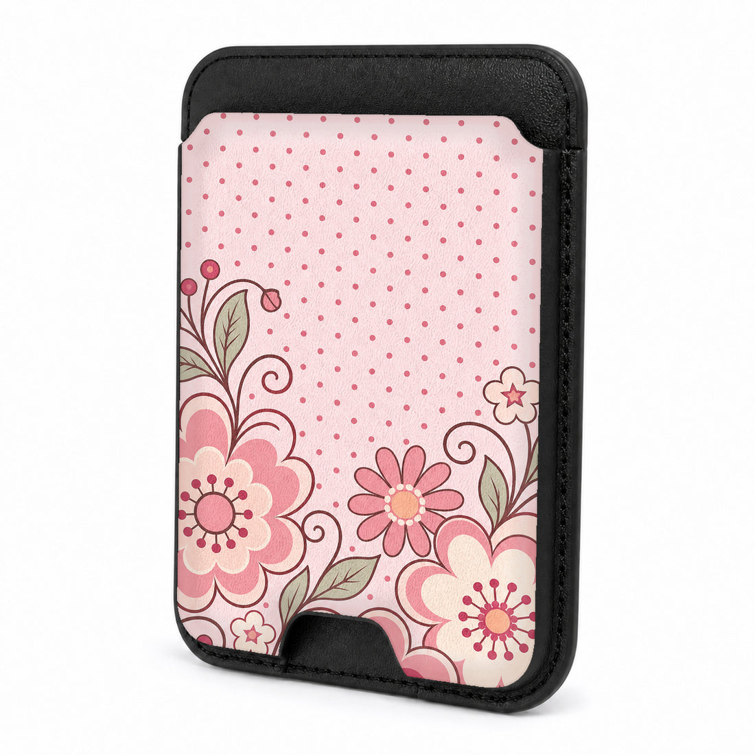 Front view of the Pink Retro Doodle Floral MagSafe card holder on a white background