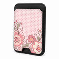 Front view of the Pink Retro Doodle Floral MagSafe card holder on a white background