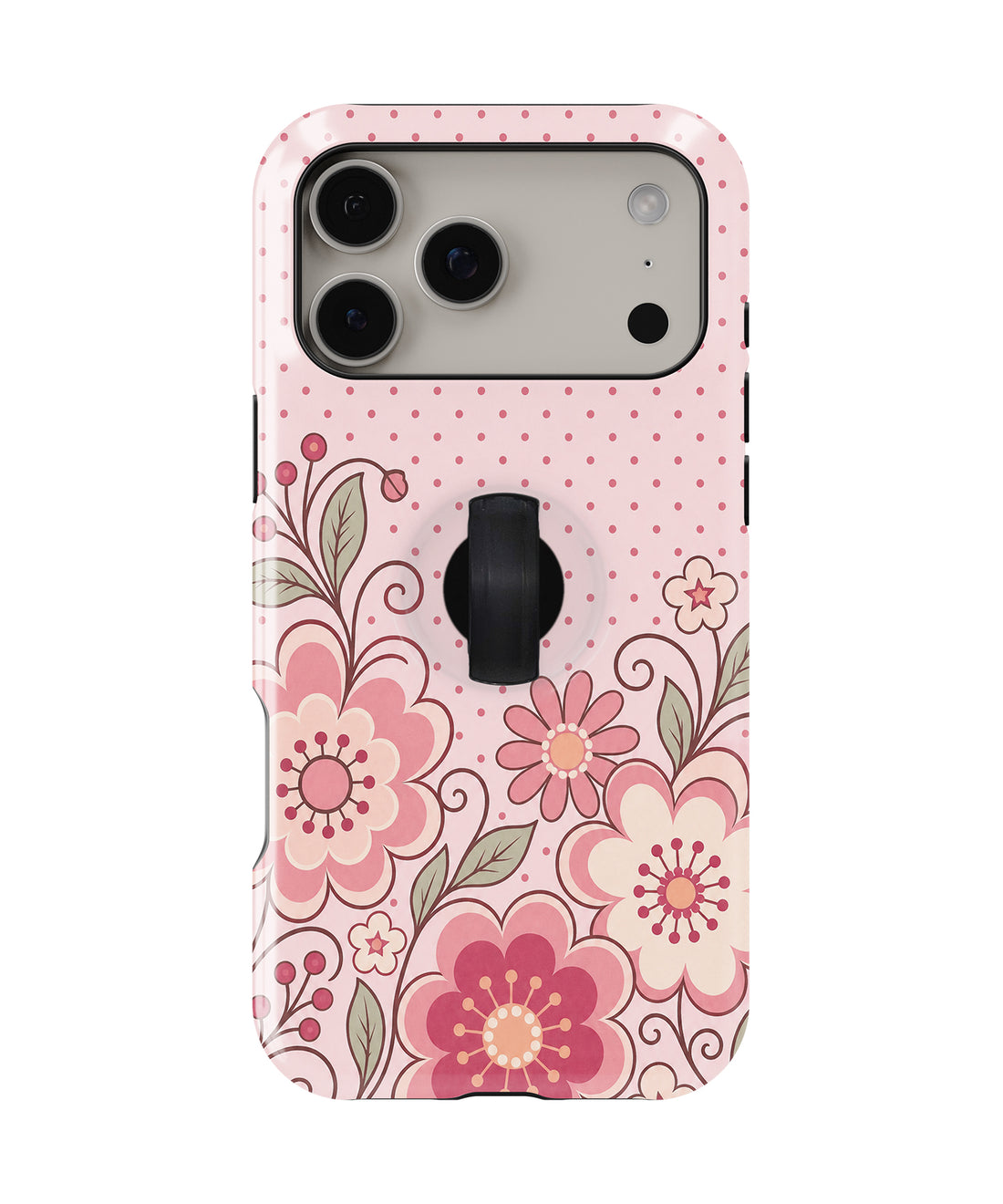 Pink Retro Doodle Floral MagSafe Loop iPhone Case with built-in finger loop closed