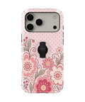 Pink Retro Doodle Floral MagSafe Loop iPhone Case with built-in finger loop closed