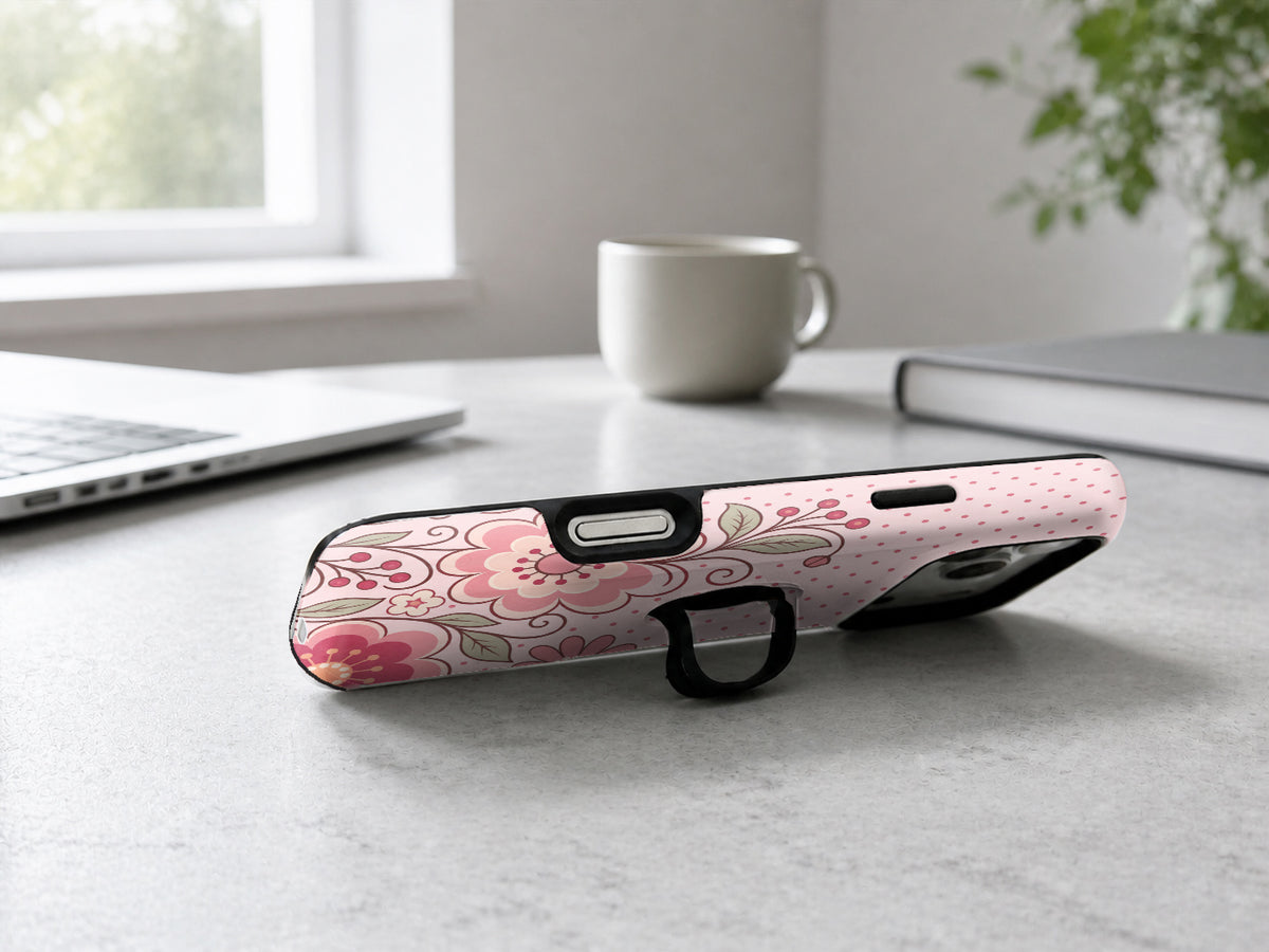 Pink Retro Doodle Floral MagSafe Loop iPhone Case shown in a neutral white professional lifestyle setting