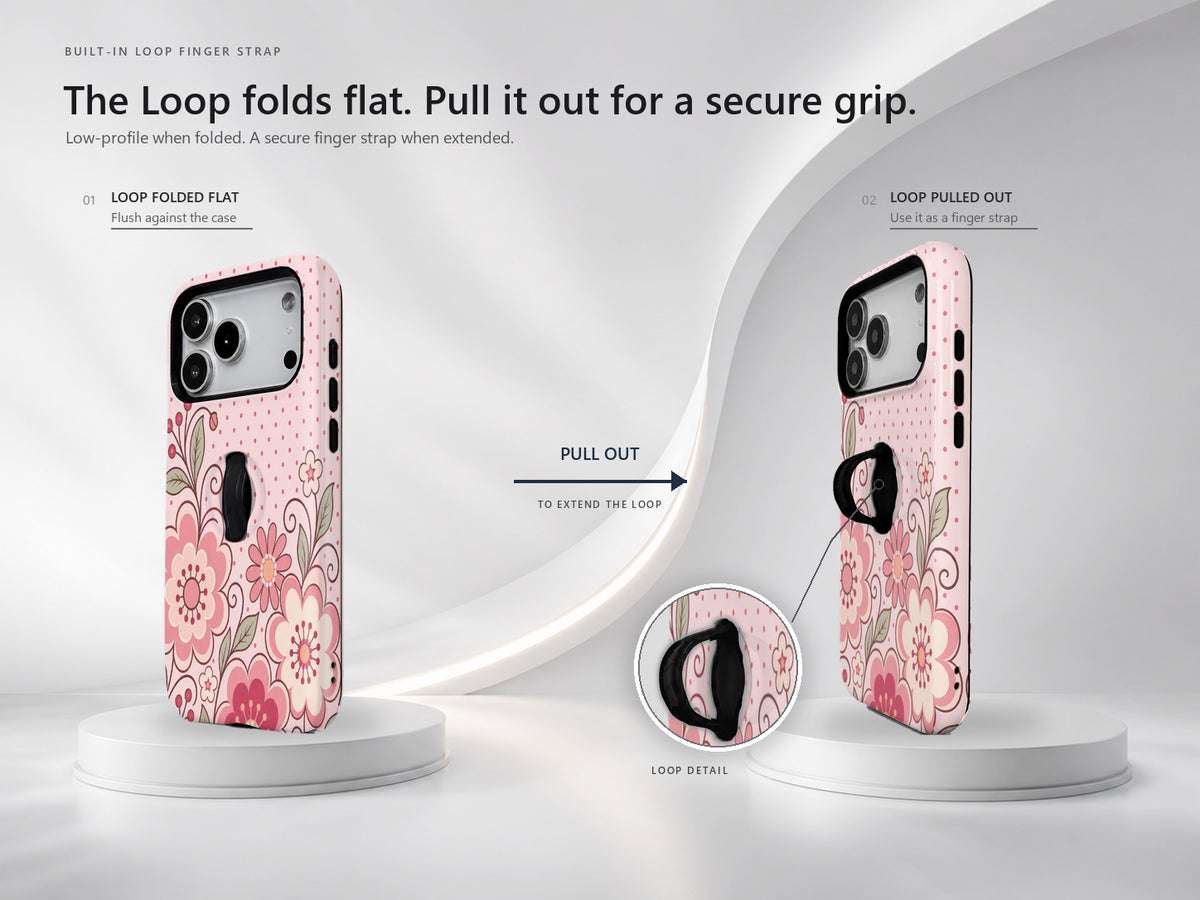 Pink Retro Doodle Floral MagSafe Loop iPhone Case side view showing the built-in finger loop