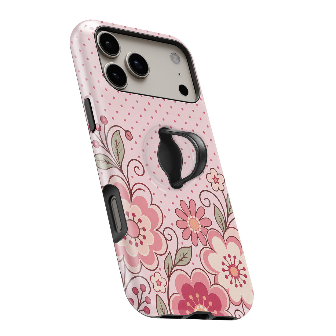 Pink Retro Doodle Floral MagSafe Loop iPhone case with built-in finger loop open