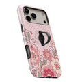 Pink Retro Doodle Floral MagSafe Loop iPhone case with built-in finger loop open