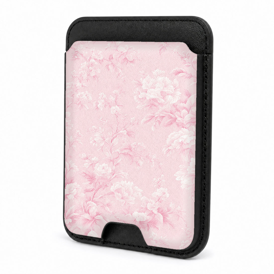 Front view of the Pink Toile Floral MagSafe card holder on a white background