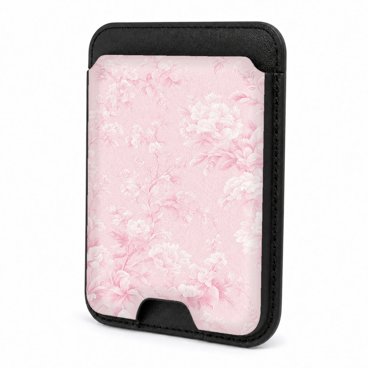 Front view of the Pink Toile Floral MagSafe card holder on a white background