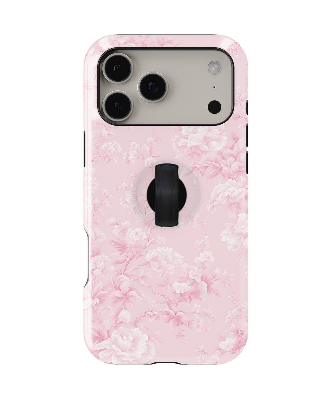 Pink Toile Floral MagSafe Loop iPhone Case with built-in finger loop closed