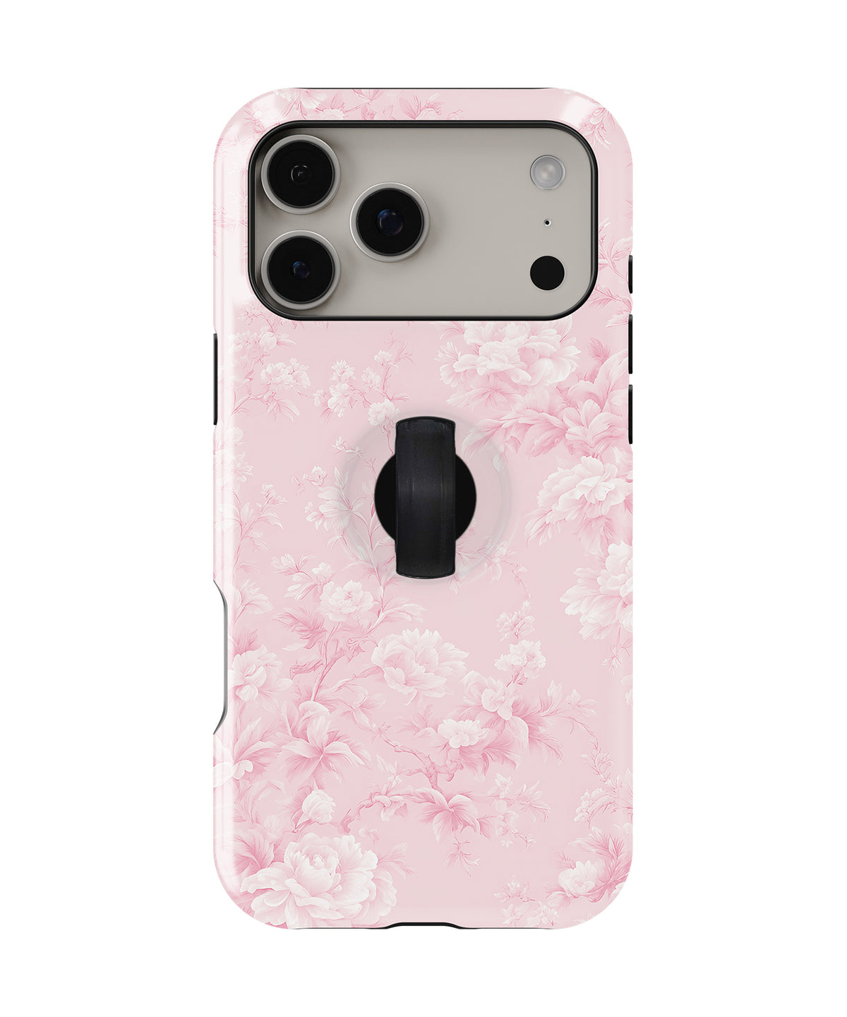 Pink Toile Floral MagSafe Loop iPhone Case with built-in finger loop closed
