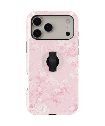 Pink Toile Floral MagSafe Loop iPhone Case with built-in finger loop closed