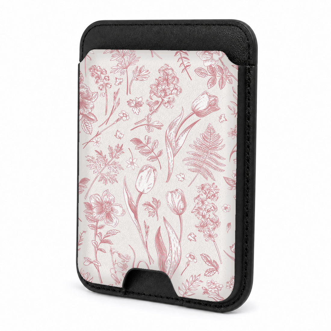Front view of the Pink Toile Wildflower MagSafe card holder on a white background