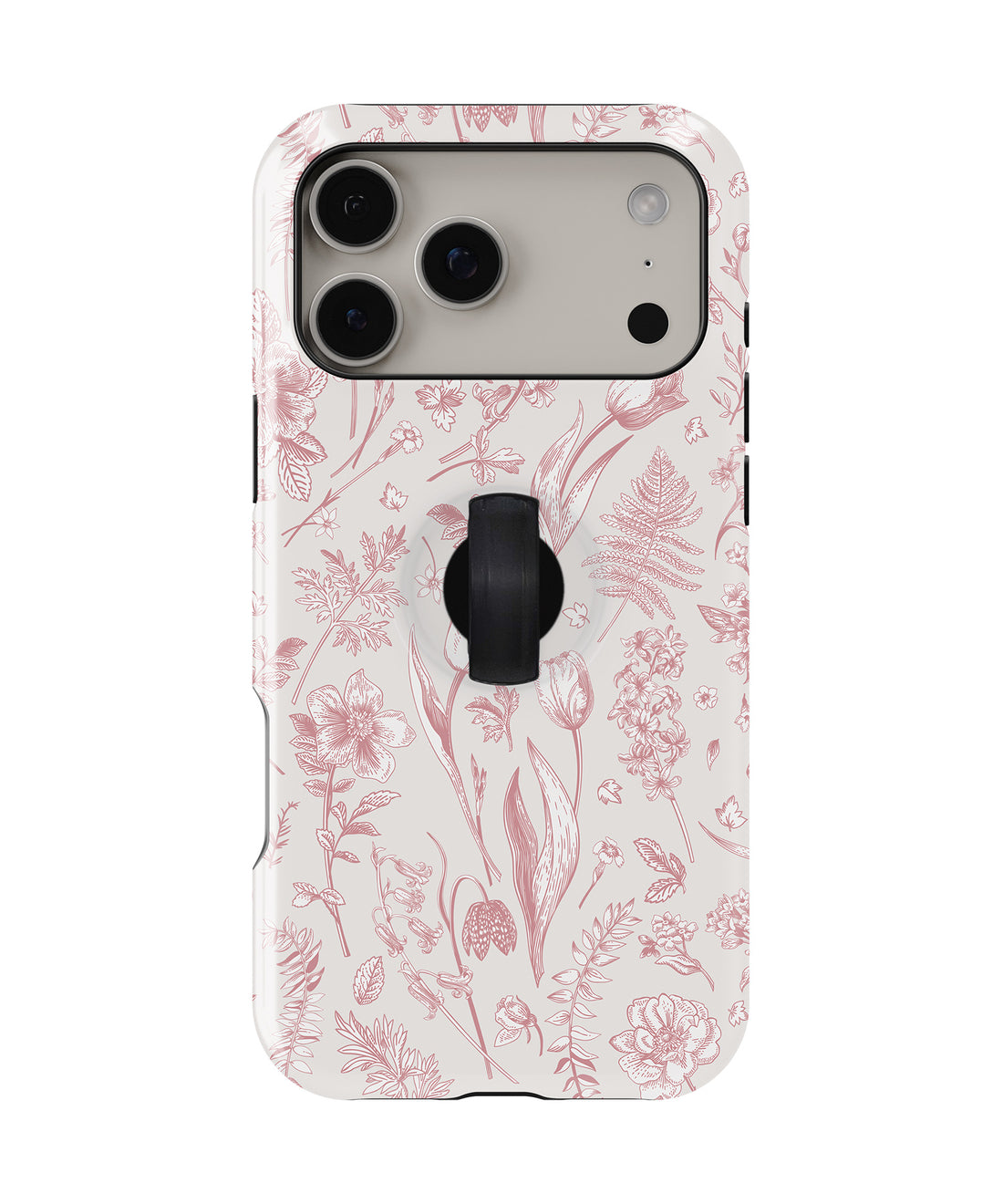 Pink Toile Wildflower MagSafe Loop iPhone Case with built-in finger loop closed