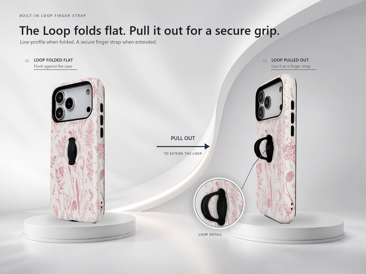 Pink Toile Wildflower MagSafe Loop iPhone Case side view showing the built-in finger loop