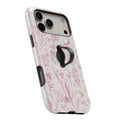 Pink Toile Wildflower MagSafe Loop iPhone case with built-in finger loop open