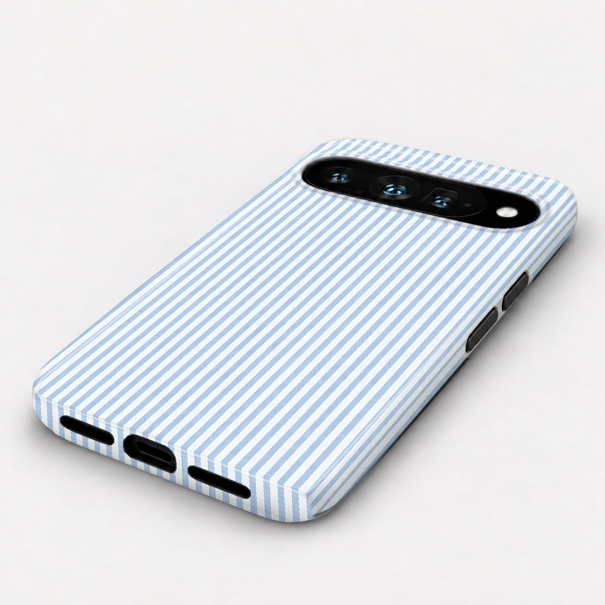 Powder Blue and White Pinstripe Google Pixel Case - angled bottom view