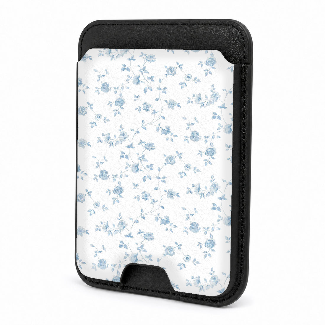 Front view of the Powder Blue Ditsy Floral MagSafe card holder on a white background